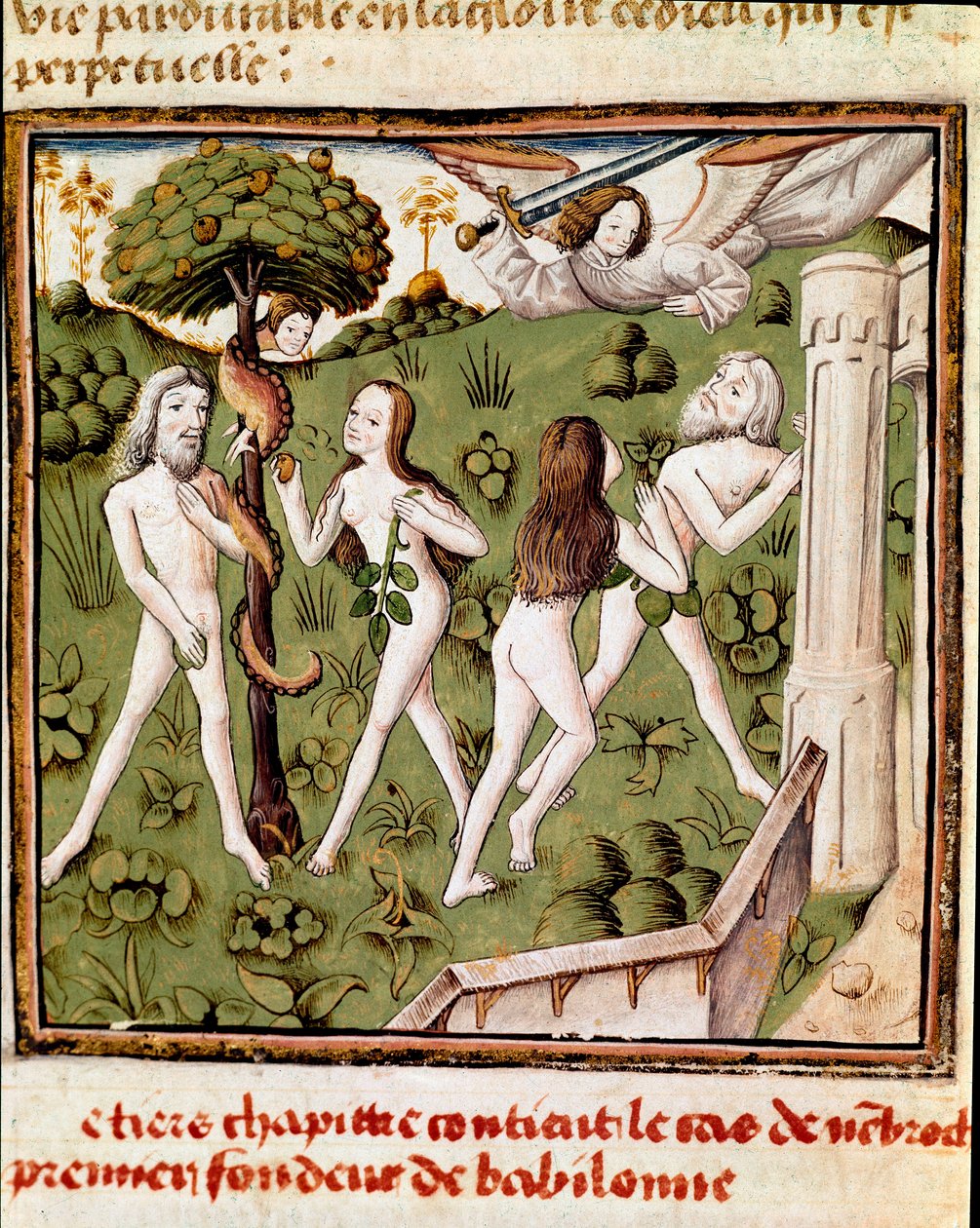 Adán y Eva recogiendo el fruto prohibido. Miniatura del Maestro del Campeón de Damas (siglo XV) del manuscrito 