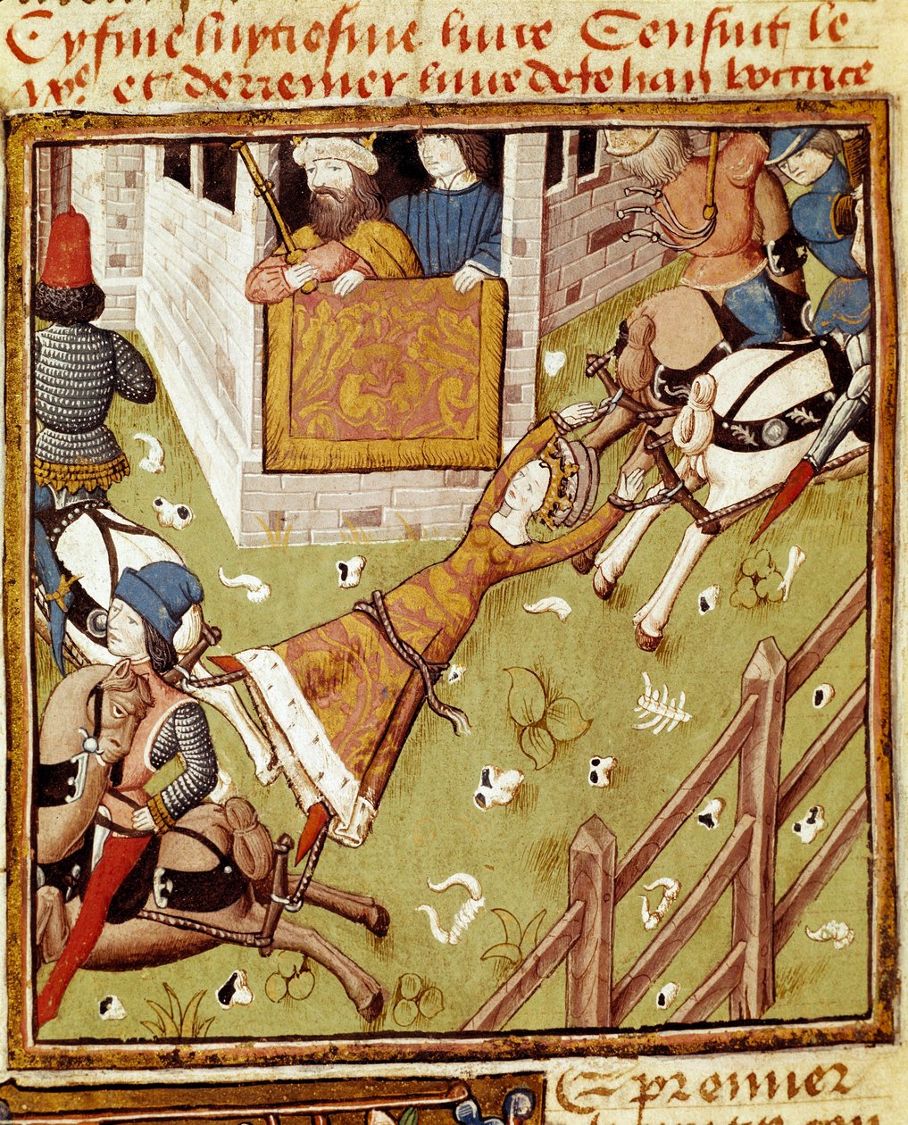 La tortura de Brunehaut: Brunehaut o Brunehilde (543-613), prisionera de Clotario II, es desgarrada por caballos que tiran de sus miembros desde cada lado de Master of the Champion des Dames