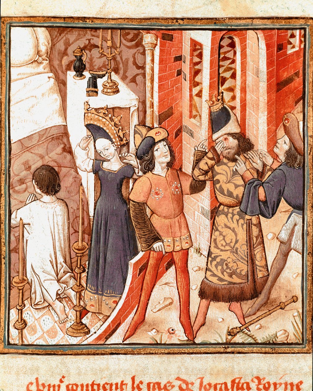 Leyenda de Yocasta, Reina de Tebas. Edipo, ciego, después de darse cuenta de que mató a su propio padre Miniatura del Maestro del Campeón de Damas (siglo XV) del manuscrito “De los hombres ilustres” de Giovanni Boccaccio (Jean Boccaccio) (1313-1375) de Master of the Champion des Dames