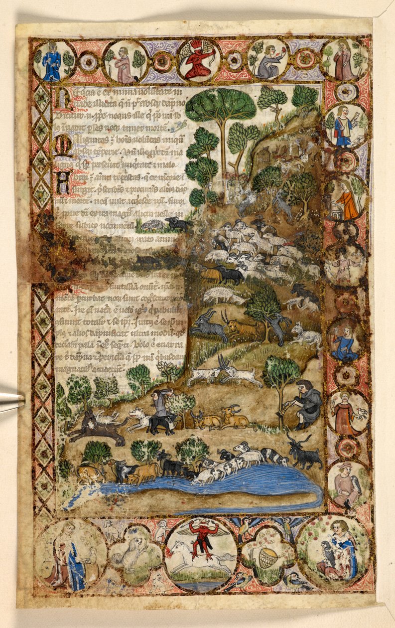 Agregar. 28841, f.1v: Bordes geométricos de página completa de romboides, redondeles y cuadrifolios habitados por animales y escenas figurativas: Pastores vigilando ovejas y cabras y luchando contra lobos, un diablo rojo parado a caballo en el borde, de un de Master of the Cocharelli Codex