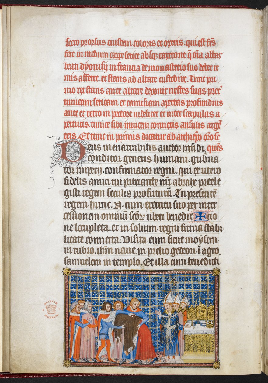 Algodón Tiberio B. VIII f.47v El Rey quitándose la ropa exterior, ilustración de 