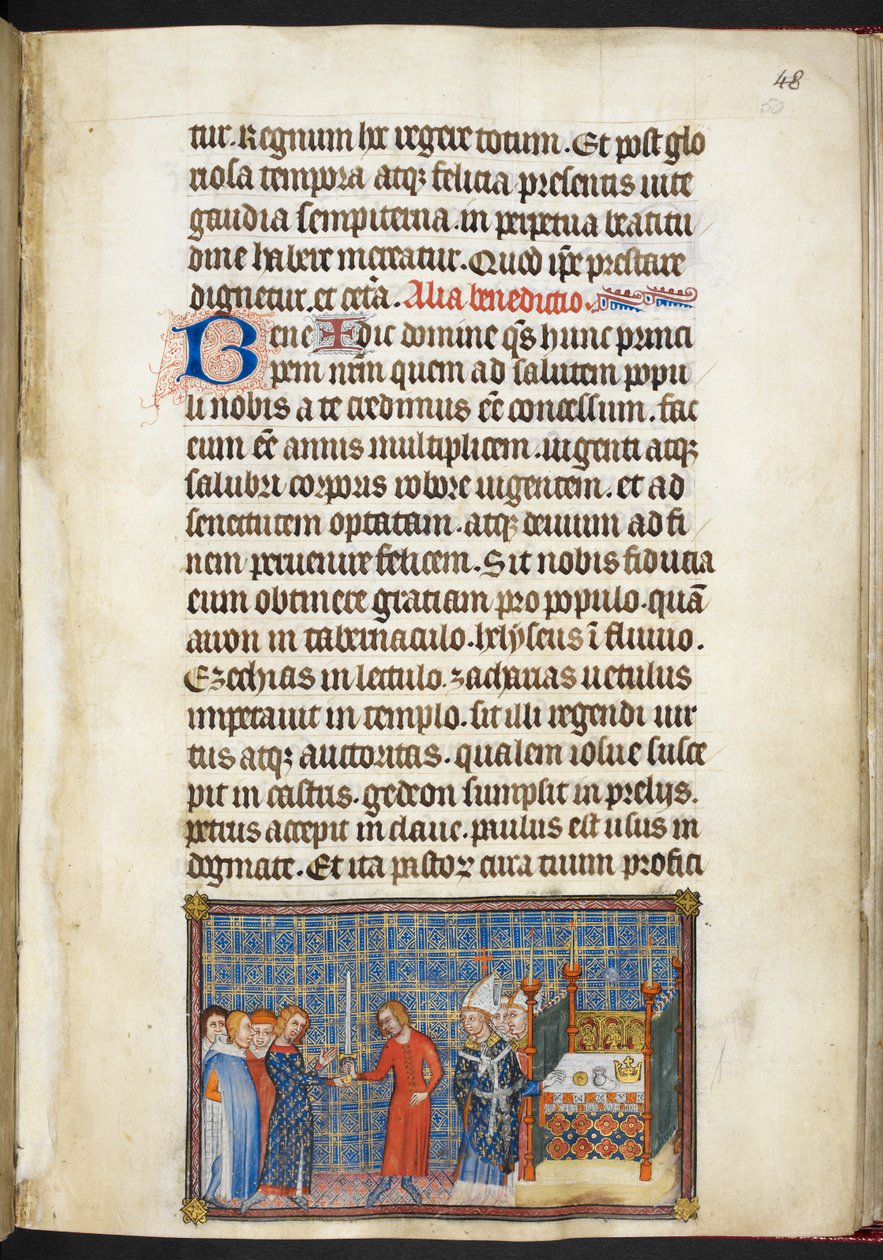 Algodón Tiberio B. VIII f.50r El Rey transmitiendo la espada al Senescal (Duque de Anjou), del 