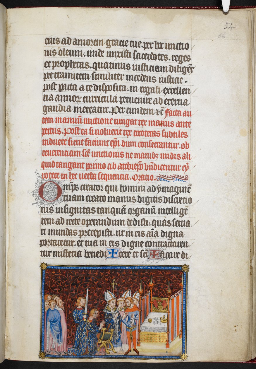 Algodón Tiberio B. VIII f.56r El Arzobispo de Reims bendición de los guantes del Rey, del 