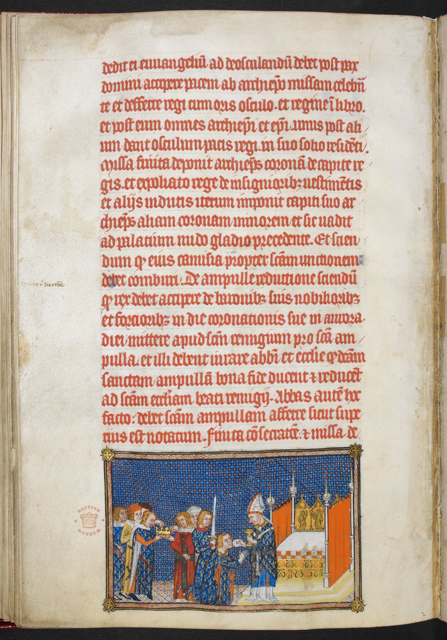 Cotton Tiberius B. VIII f.65v El rey Carlos V arrodillado mientras el arzobispo de Reims coloca la oblea de comunión en su boca, ilustración de 
