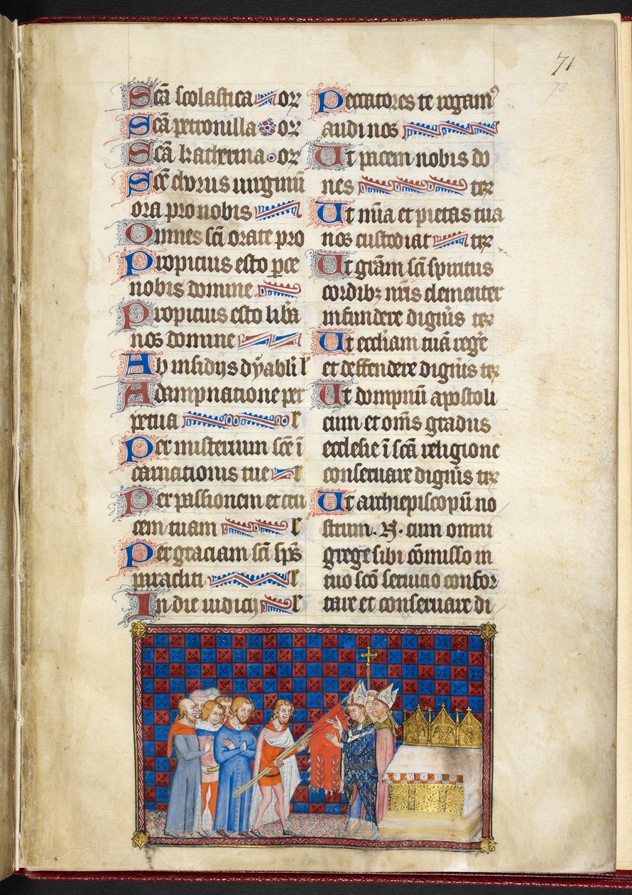 Cotton Tiberio B. VIII f.73r, El Arzobispo de Reims bendiciendo la Oriflama, ilustración de 