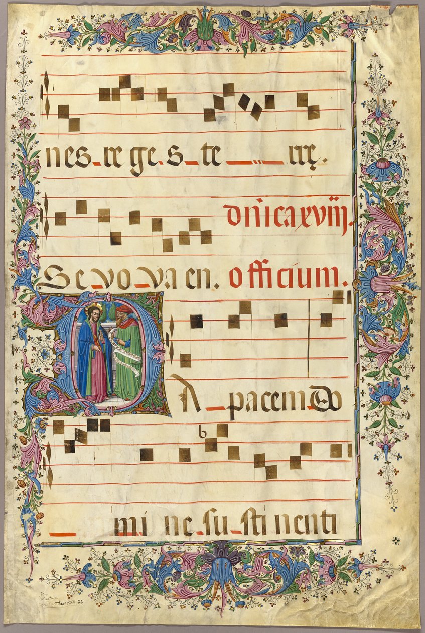 Página de un libro de coros con Cristo y un fariseo en una "D" inicial historiada de Master of the Cypresses