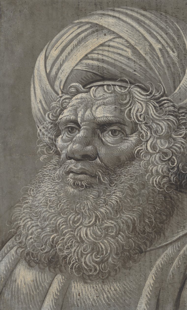 Cabeza de un hombre barbudo con turbante recto, escritura latina verso, ca. 1510 de Master of the Death of Absalom