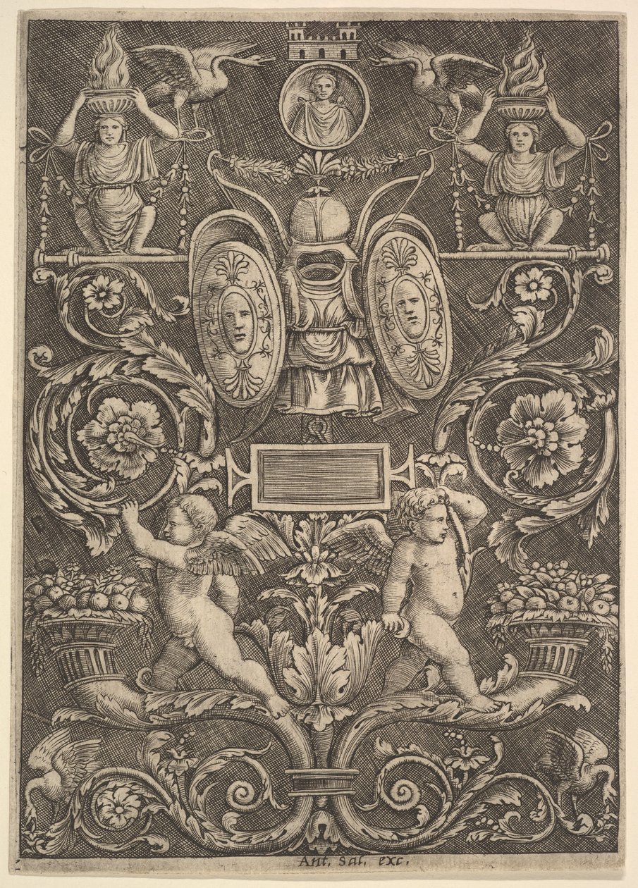Un panel de ornamento, putti de pie sobre cornucopia en la sección inferior, 1530-60 de Master of the Die