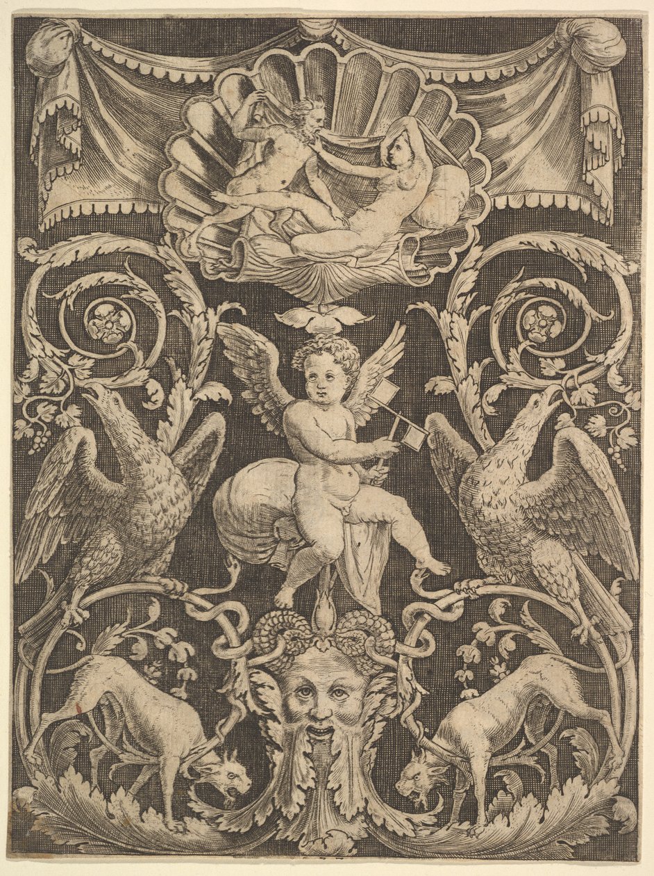 Un panel de ornamento con un putto en el centro sosteniendo un molino de viento, 1532 de Master of the Die