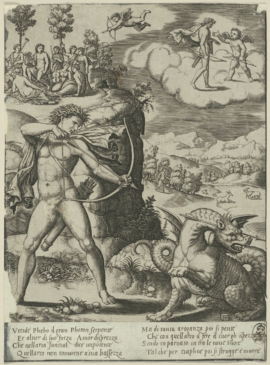 Apolo matando a Pitón, lámina uno de La historia de Apolo y Dafne de Master of the Die