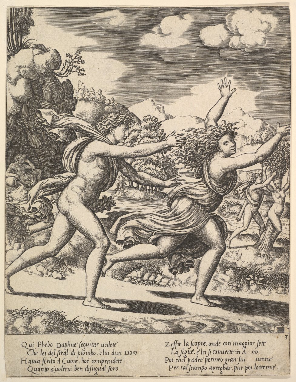 Apolo persiguiendo a Dafne que levanta los brazos, en el fondo a la derecha muestra el momento de Master of the Die