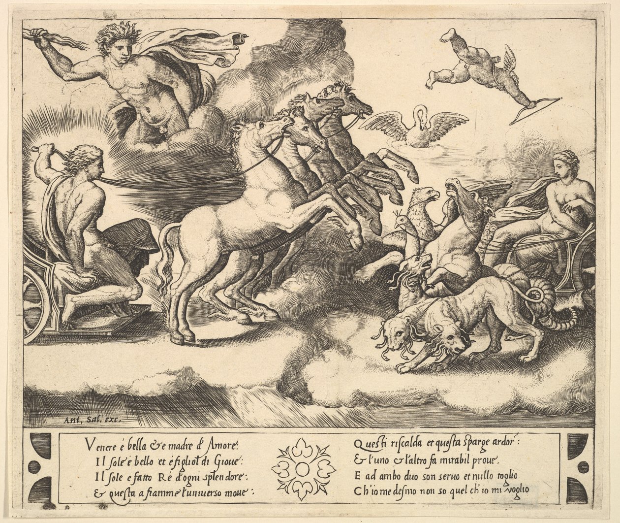 Apolo en su carro tirado por caballos a la izquierda, arriba Júpiter lanza un rayo de Master of the Die