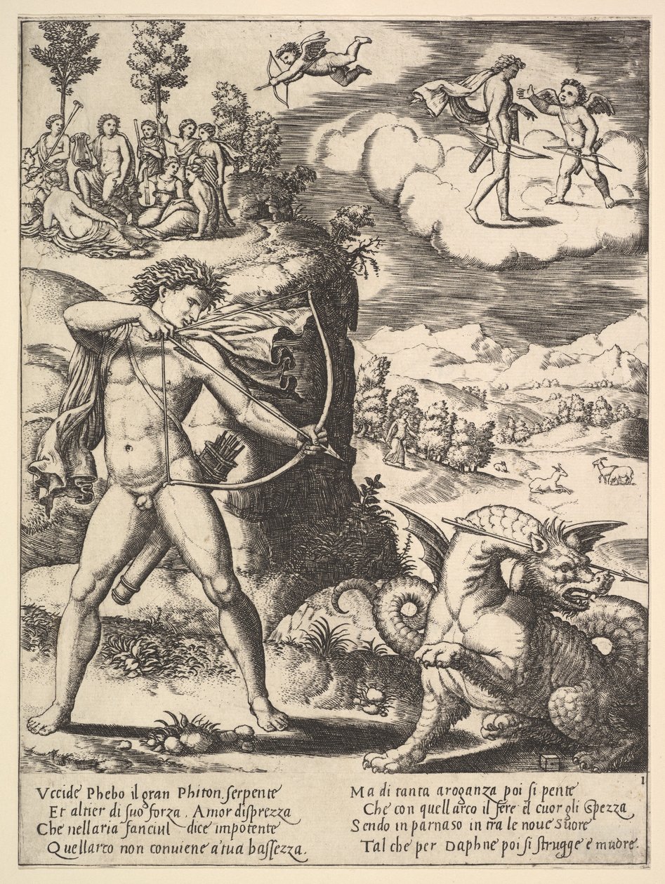 Apolo de pie a la izquierda disparando una flecha a un pitón, arriba a la izquierda están las musas de Master of the Die