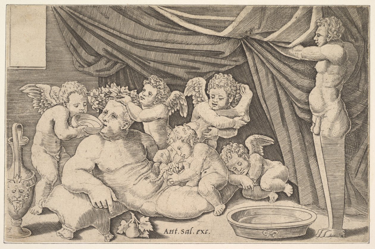 Baco Rodeado de Putti, una Estatua de Príapo a la Derecha de Master of the Die