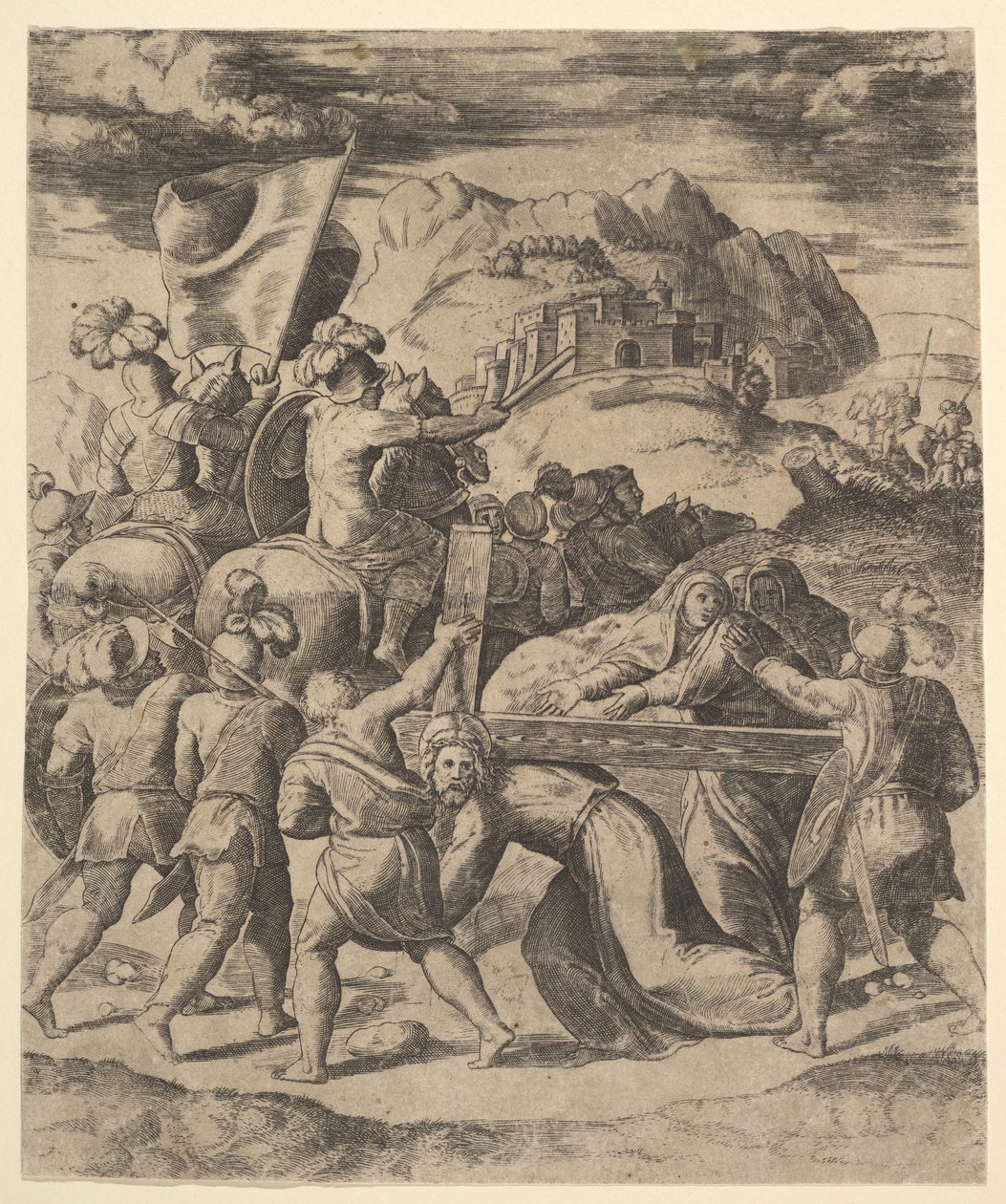 Cristo llevando la cruz rodeado de soldados, varios a caballo, 1530-60 de Master of the Die