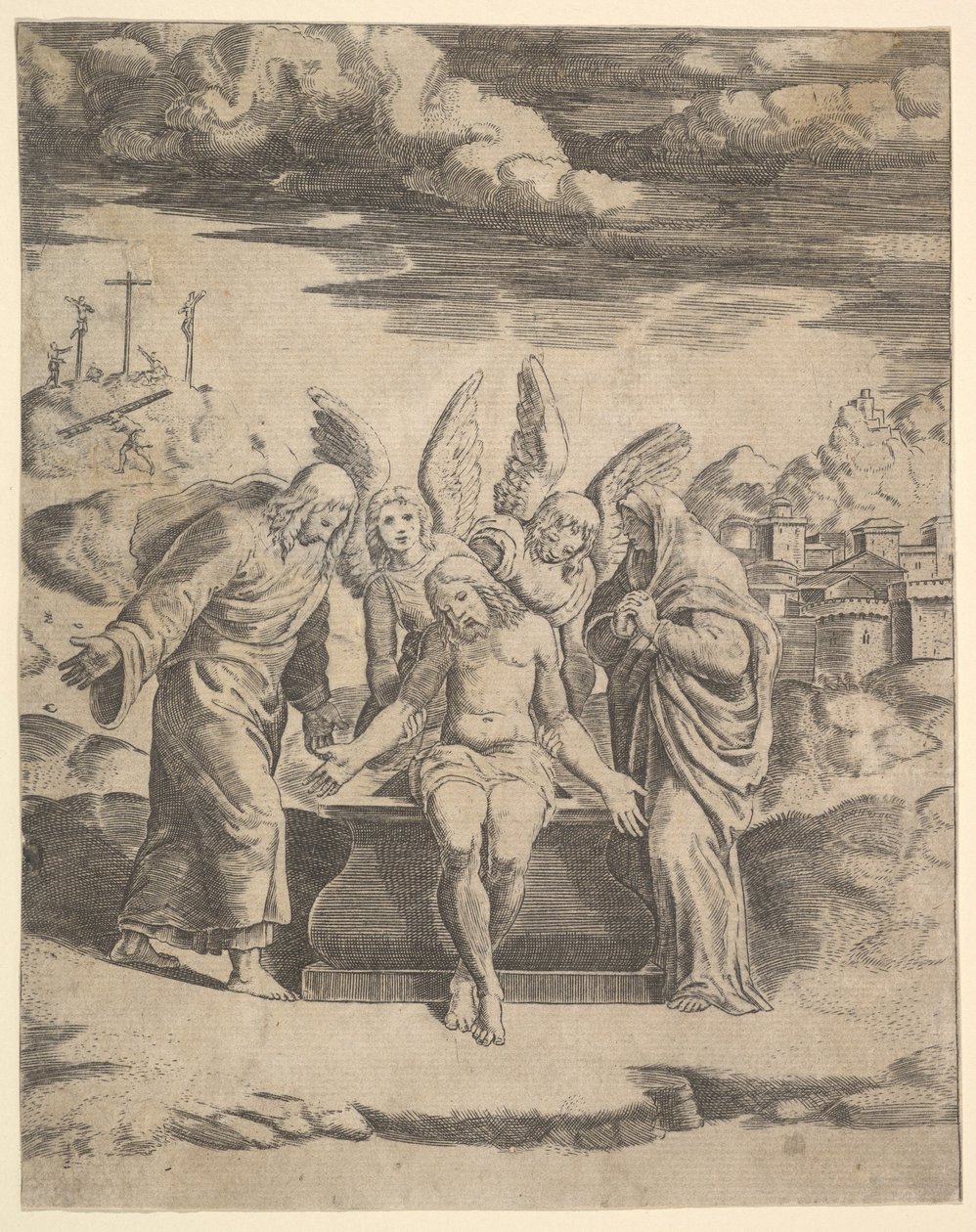 Cristo sentado en la tumba sostenido por ángeles, 1530-60 de Master of the Die