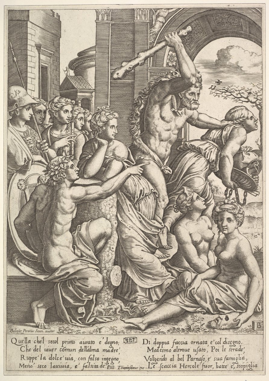 Envidia o Avaricia siendo expulsada del templo de las Musas por Hércules de Master of the Die