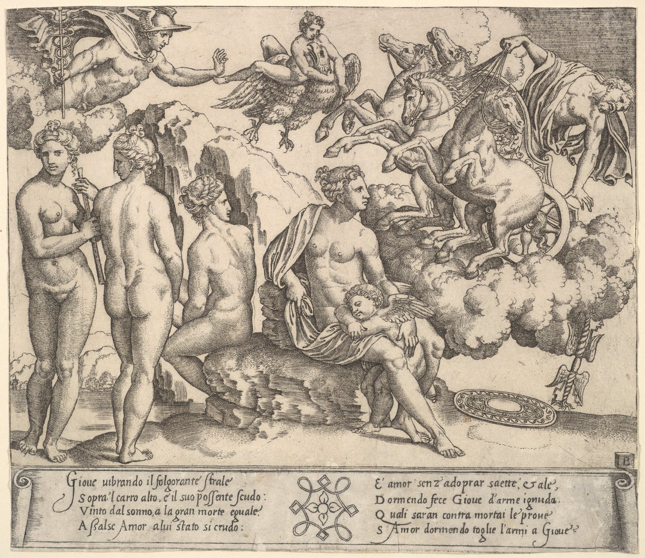 Júpiter cayendo de un carro tirado por caballos a la derecha, Ganimedes en forma de águila..., 1530-60 de Master of the Die