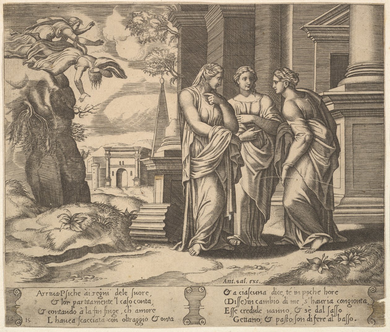 Placa 15: Psique relatando sus desgracias a sus hermanas, de La fábula de Psique, 1530-60 de Master of the Die