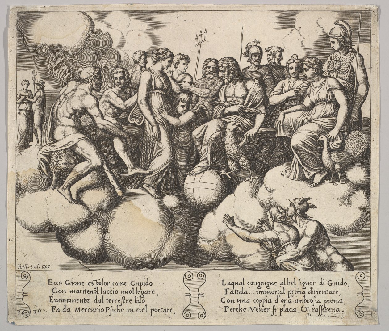 Placa 30: Venus y Cupido presentando su caso ante Júpiter y otros dioses..., 1530-60 de Master of the Die