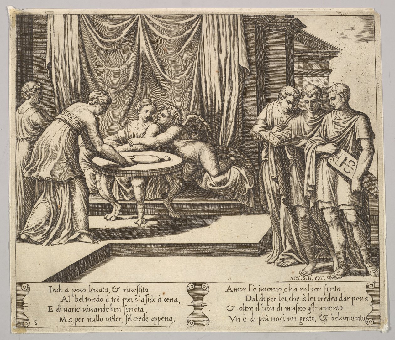 Placa 8: Psique sentada en una mesa y atendida por sirvientes invisibles, Eros al lado, 1530-60 de Master of the Die