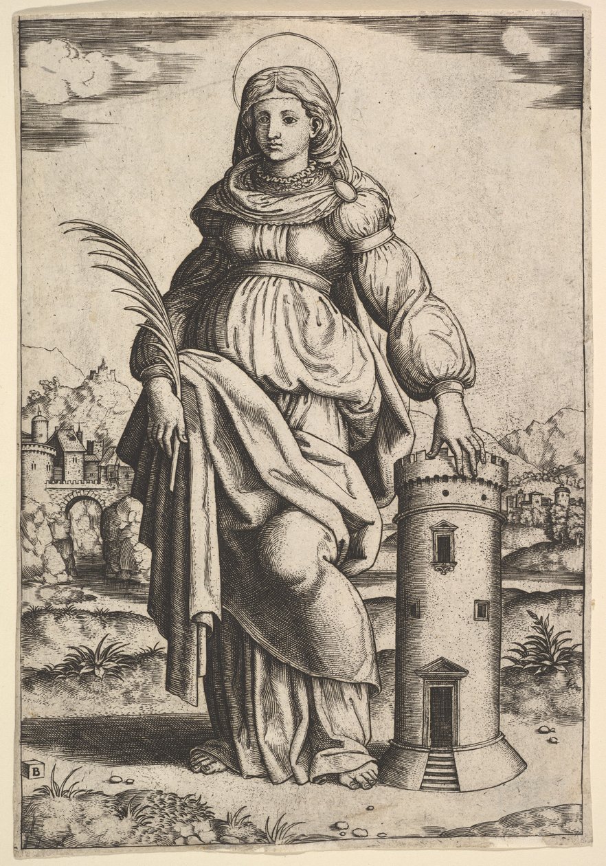 Santa Bárbara de pie, palma en su mano derecha, apoyando su mano izquierda en una torre, 1530-60 de Master of the Die