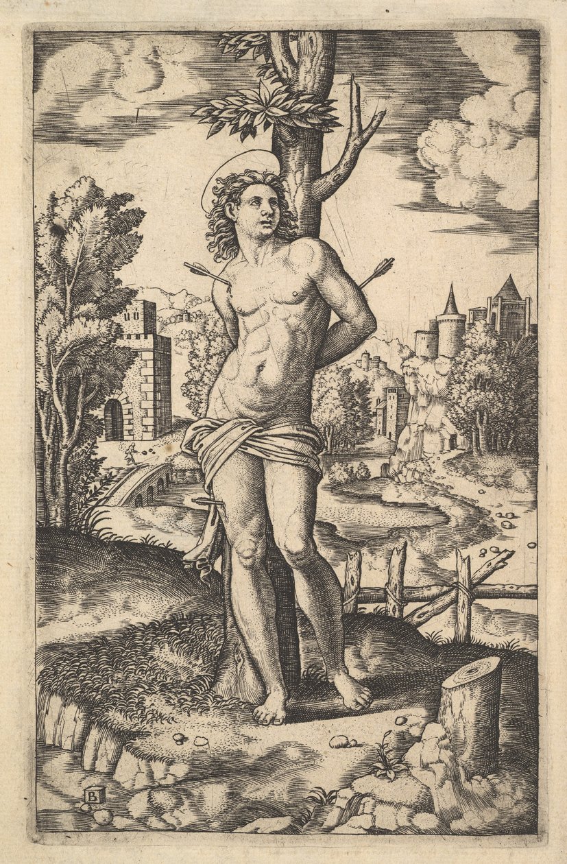 San Sebastián atado a un árbol atravesado por flechas, 1530-60 de Master of the Die