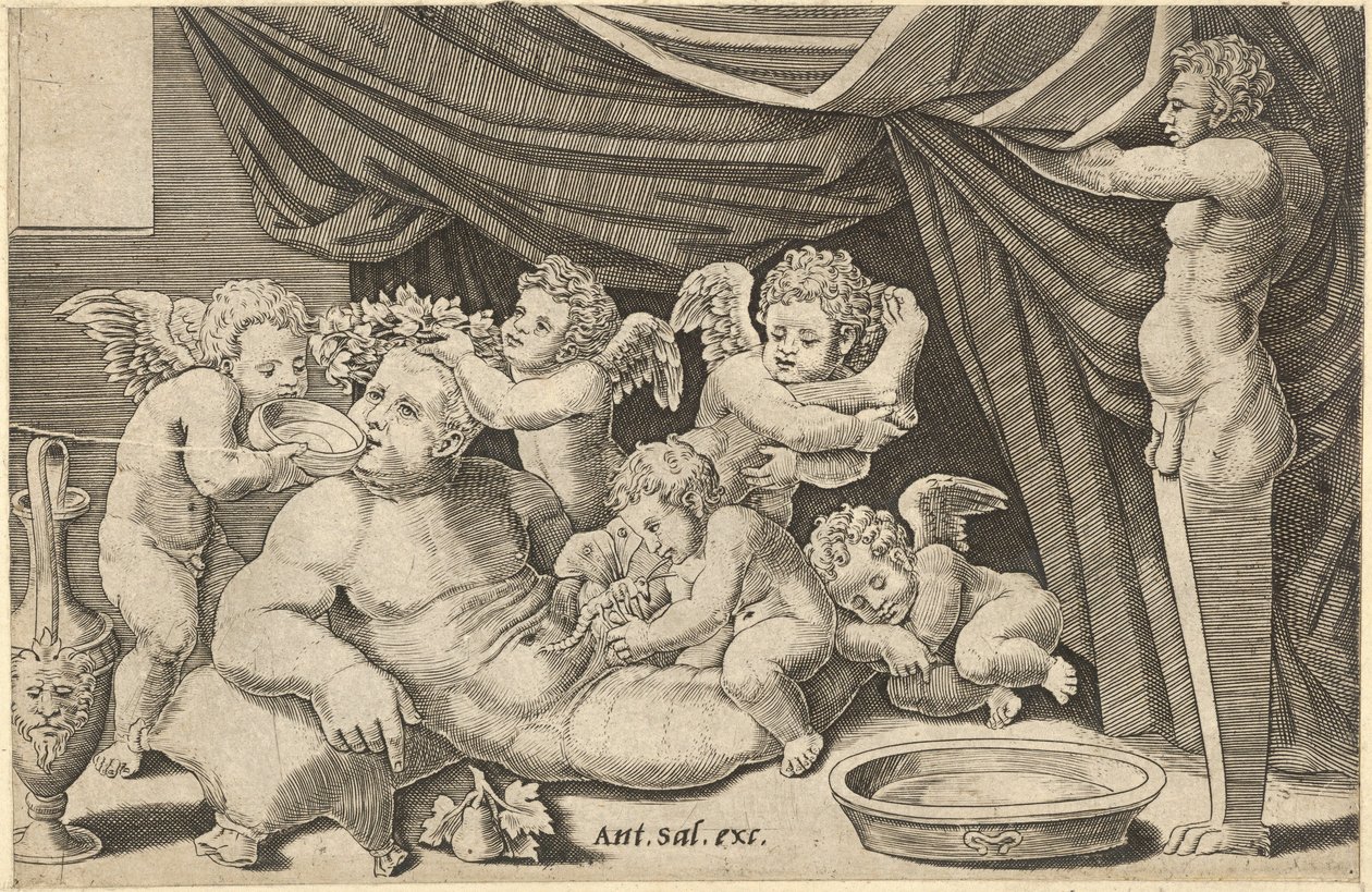 Speculum Romanae Magnificentiae: Baco rodeado de putti con Príapo sosteniendo..., siglo XVI de Master of the Die