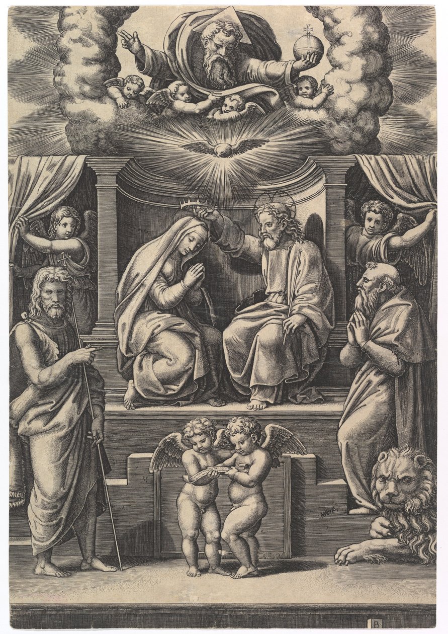 La Coronación de la Virgen, en la parte inferior izquierda está San Juan Bautista, en la parte inferior derecha..., 1530-60 de Master of the Die