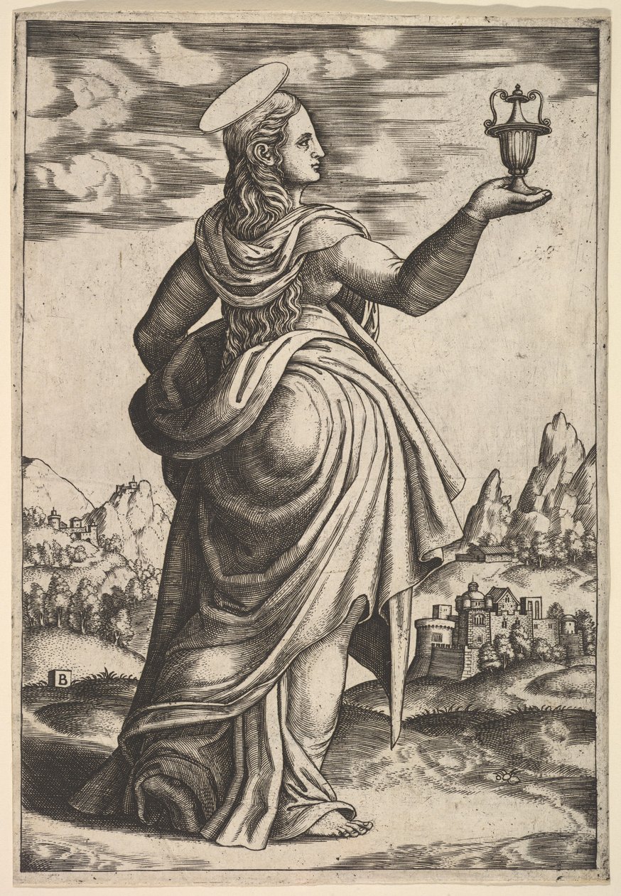 La Magdalena de pie mirando a la derecha, jarra en su mano derecha levantada, 1530-60 de Master of the Die