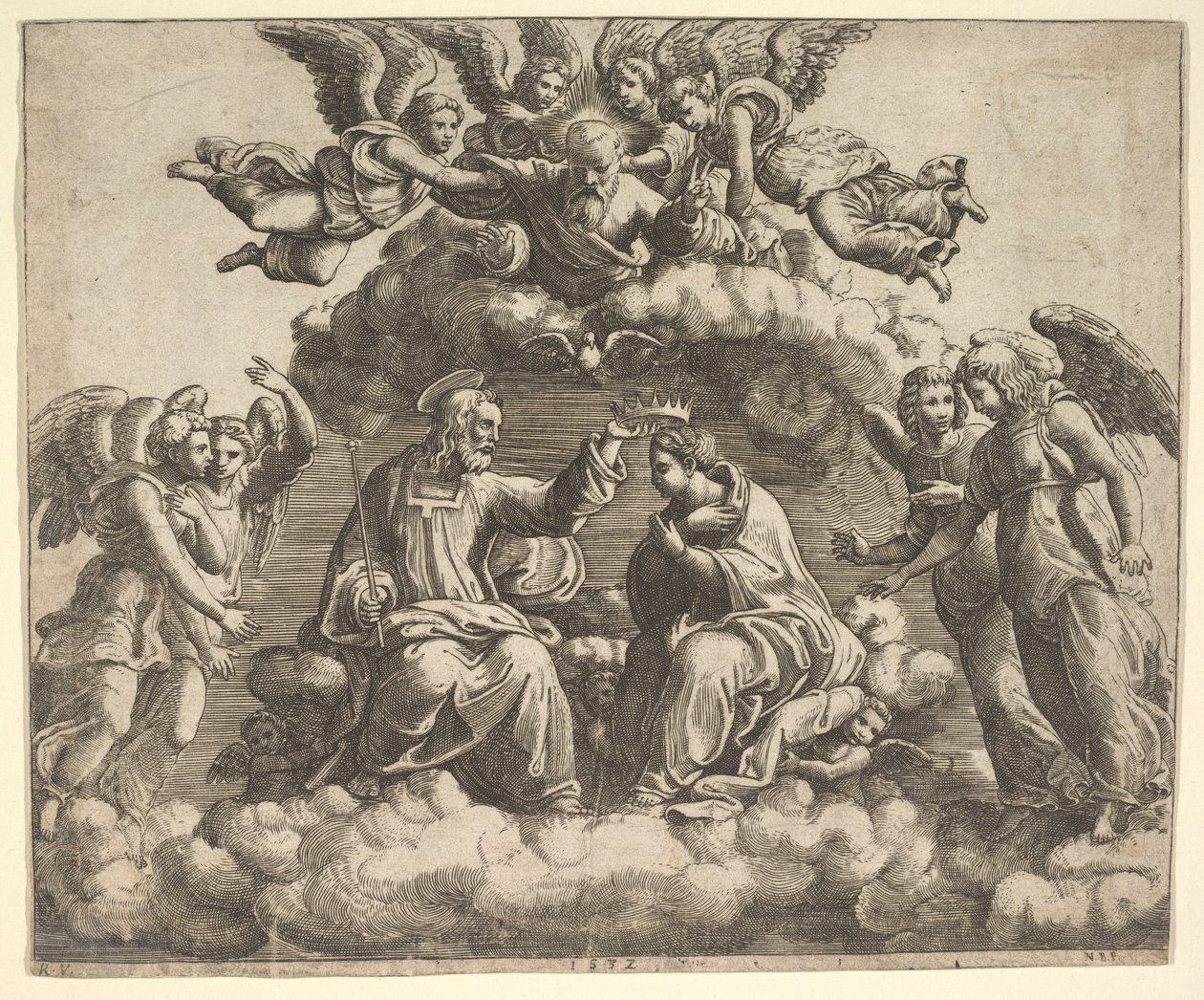 La coronación de la Virgen, Cristo sosteniendo la corona sobre su cabeza, Dios el Padre bendiciendo, 1532 de Master of the Die
