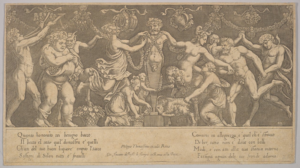El sacrificio a Príapo que está en forma de estatua en el centro, Baco y un sátiro, 1530-60 de Master of the Die