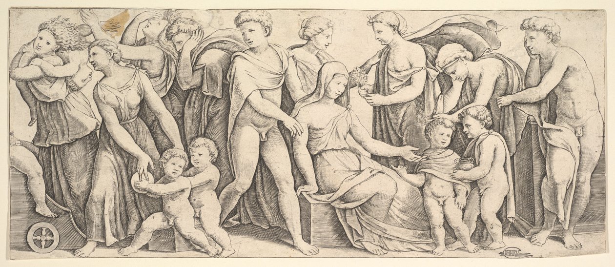 La boda de Jasón y Creusa, a la izquierda Medea lleva a sus hijos, 1530-60 de Master of the Die