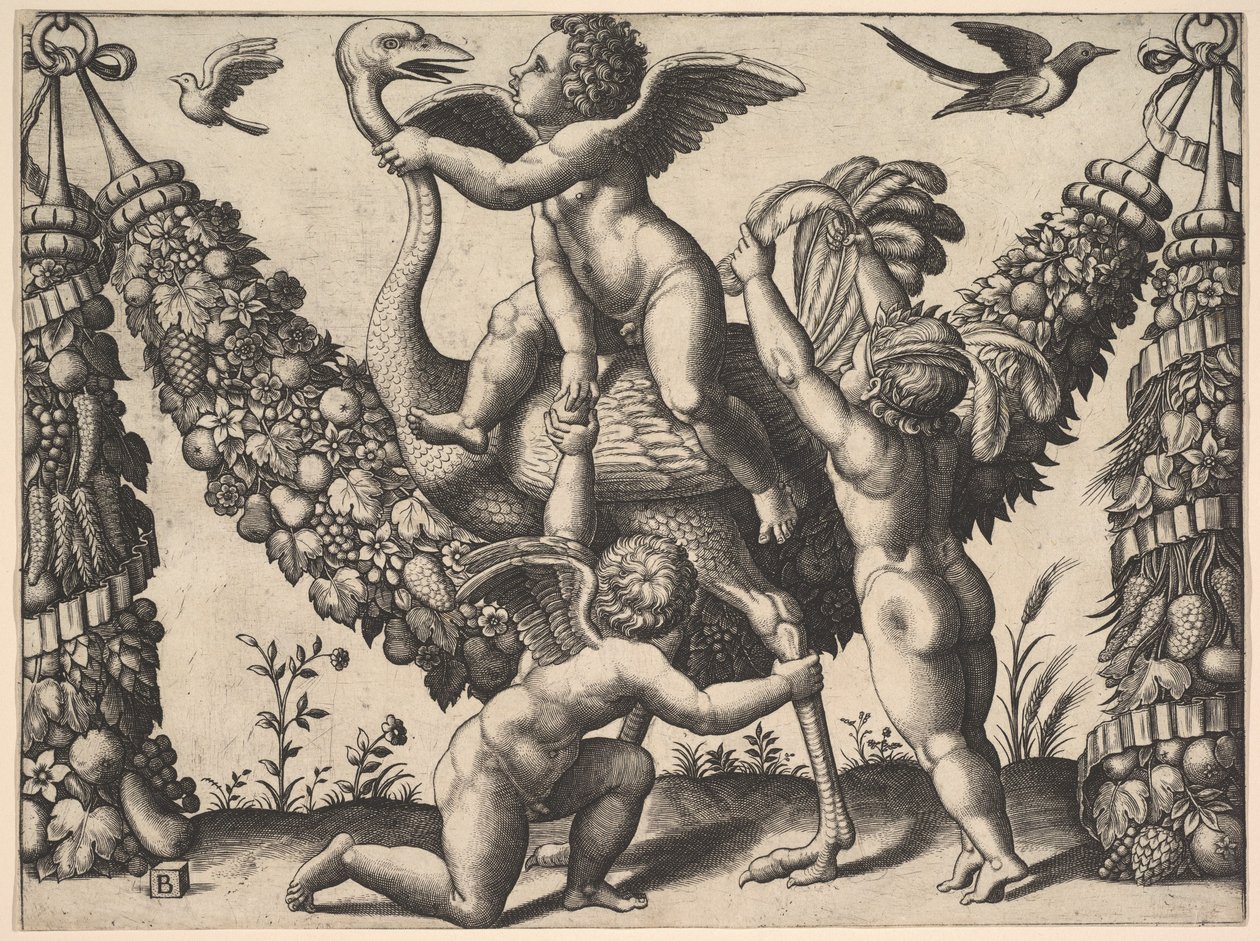 Tres putti ante una gran guirnalda, el del medio monta un avestruz de Master of the Die