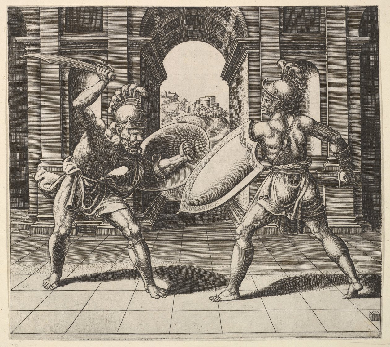 Dos gladiadores luchando frente a un arco, 1530-60 de Master of the Die