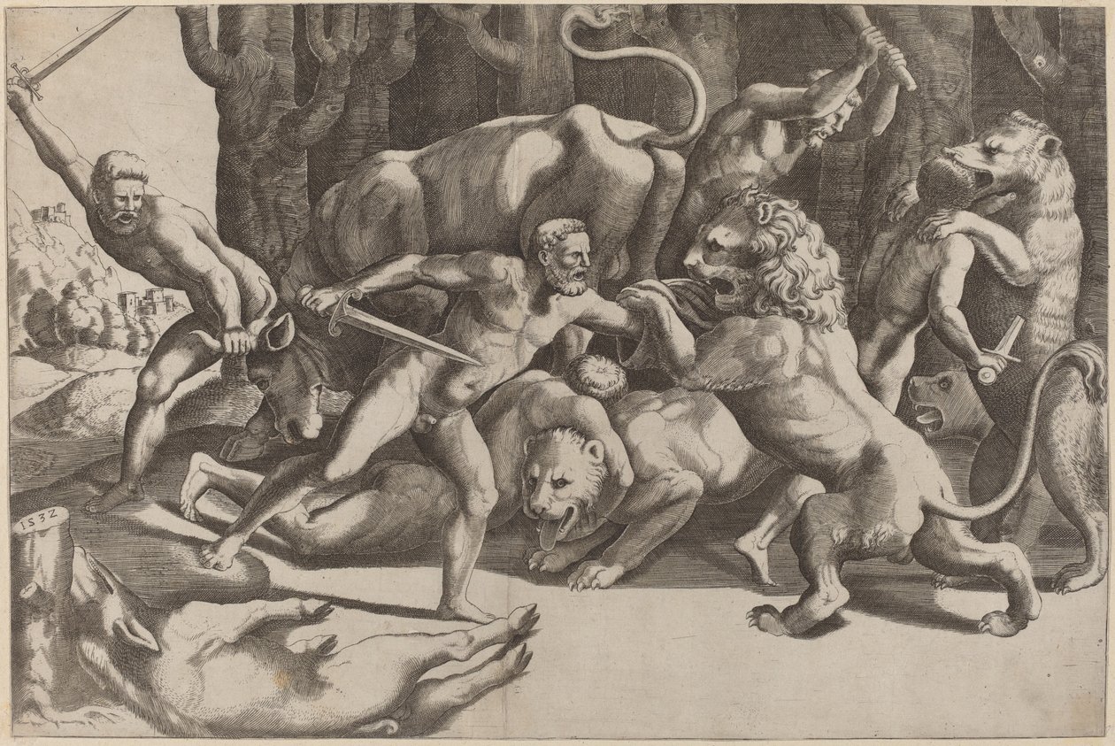 Cinco hombres luchando contra bestias de Master of the Die after Giulio Romano