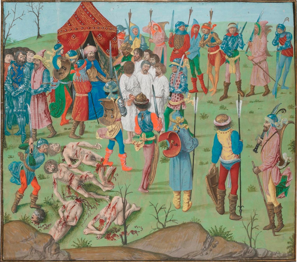 Batalla de_Nicopol secuela La masacre de los cristianos como venganza por la masacre de Rahova. Jean Froissart, Crónicas, Flandres, Brujas de Master of the Dresden Prayer Book