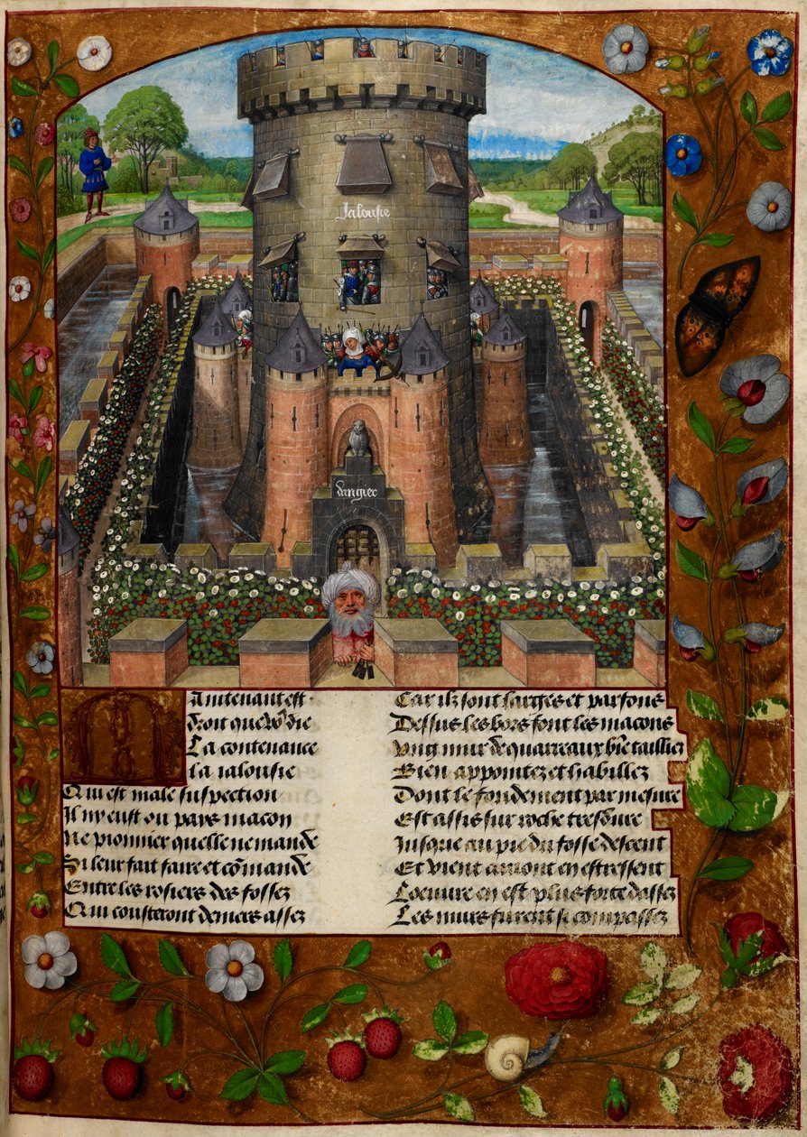 Bel Acueil (Bella Bienvenida) prisionera de Jalousie (Celos) en una torre custodiada por soldados, de 