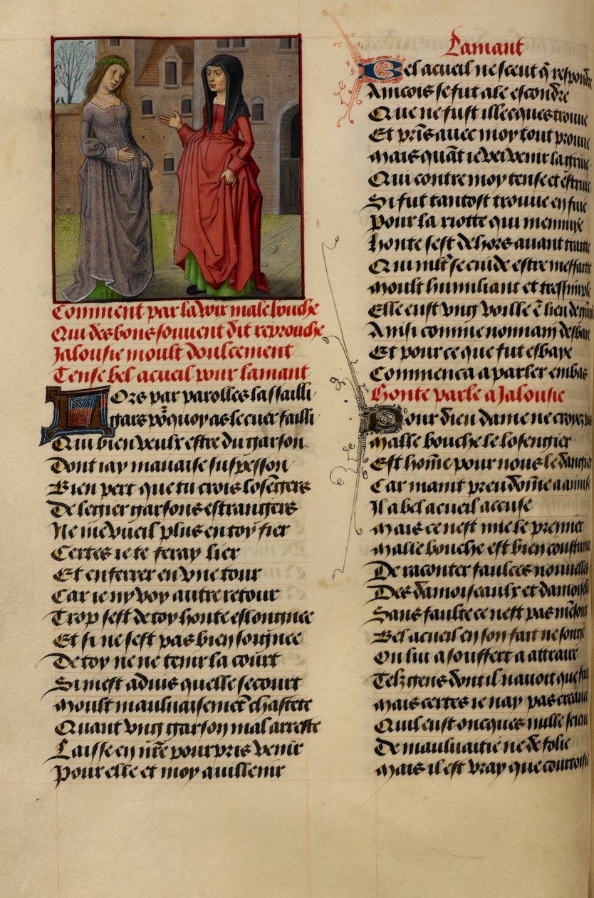 La miniatura muestra a Jalousie (Celos) hablando con Bel Accueil (Buena Bienvenida) de 