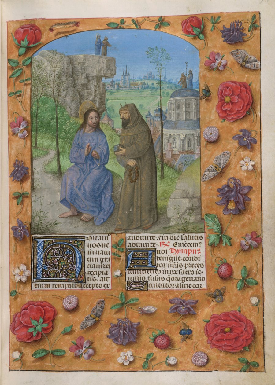 Tentación de Cristo.
he Temporale; Cuaresma 1. Cristo con el diablo, vestido de monje, sosteniendo una piedra. Detrás, las otras tentaciones: Cristo y el diablo sobre una roca y sobre la cúpula del Templo. Bordes de trampantojo d de Master of the Dresden Prayer Books