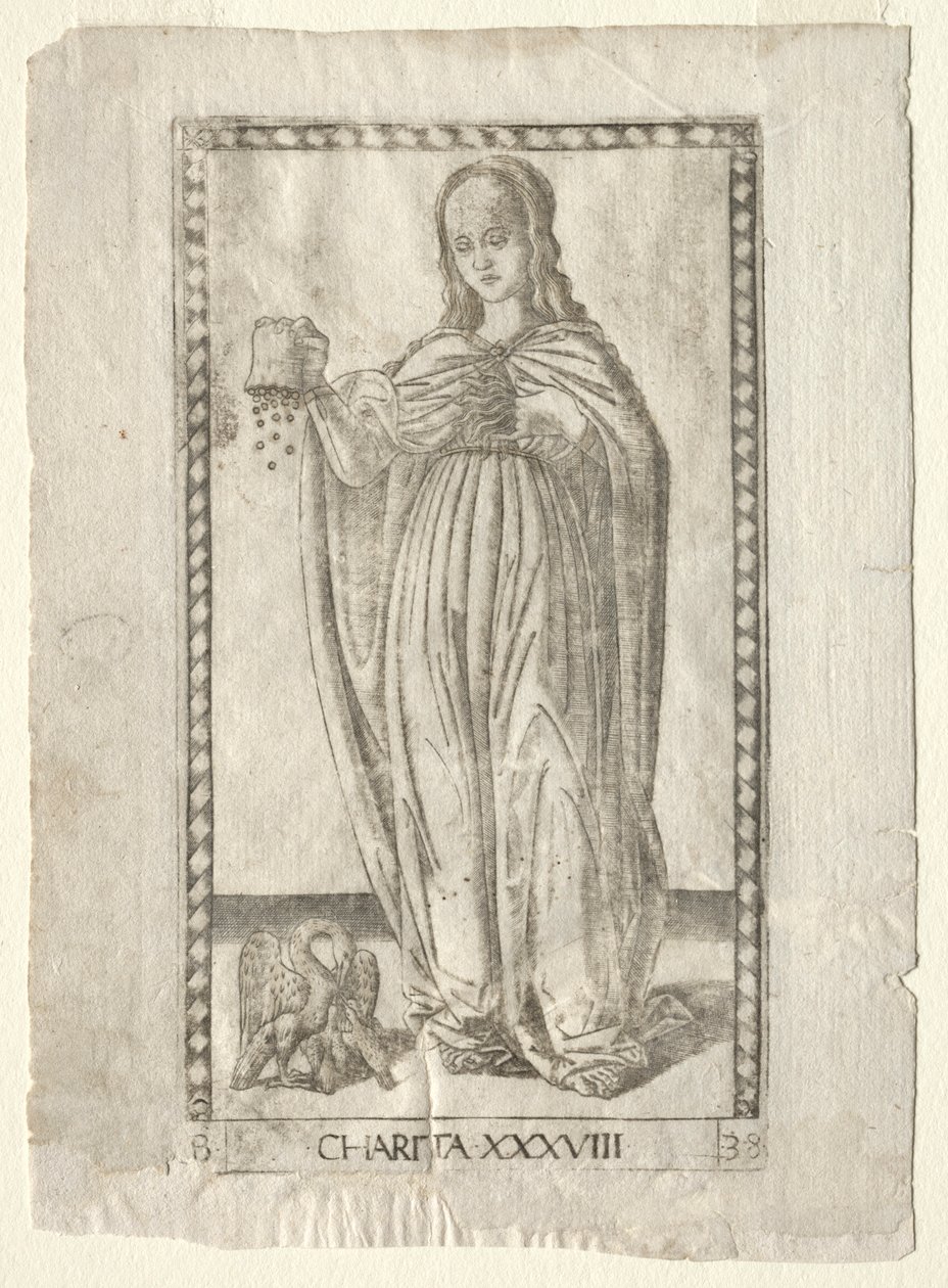 Caridad del Tarocchi, serie B: Principios Cósmicos y Virtudes, #38, antes de 1467 de Master of the E Series Tarocchi