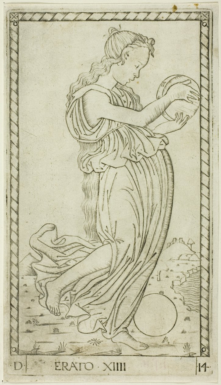 Erato, placa catorce de Apolo y las musas de Master of the E Series Tarocchi