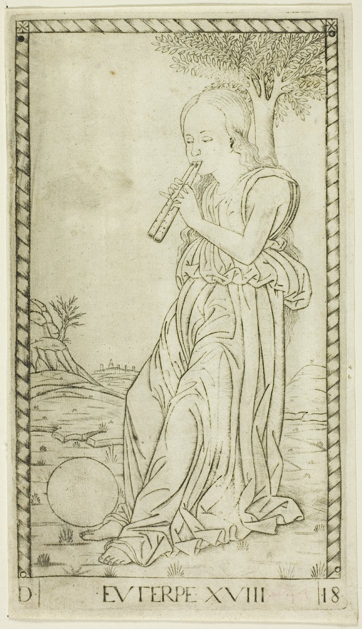 Euterpe, lámina dieciocho de Apolo y las musas de Master of the E Series Tarocchi