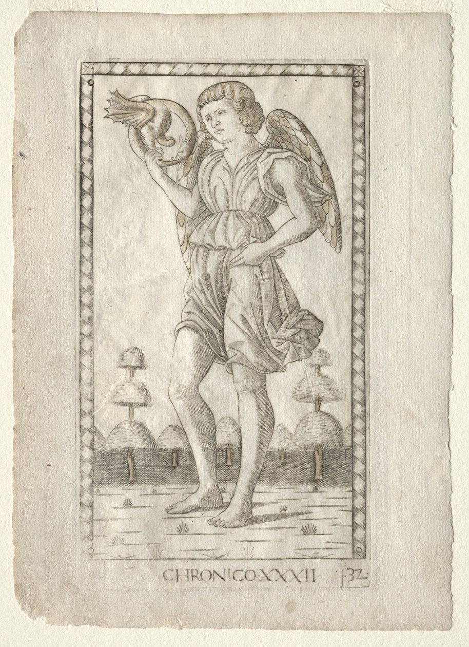 Genio del Tiempo de los Tarocchi, serie B: Principios Cósmicos y Virtudes, #32, antes de 1467 de Master of the E Series Tarocchi