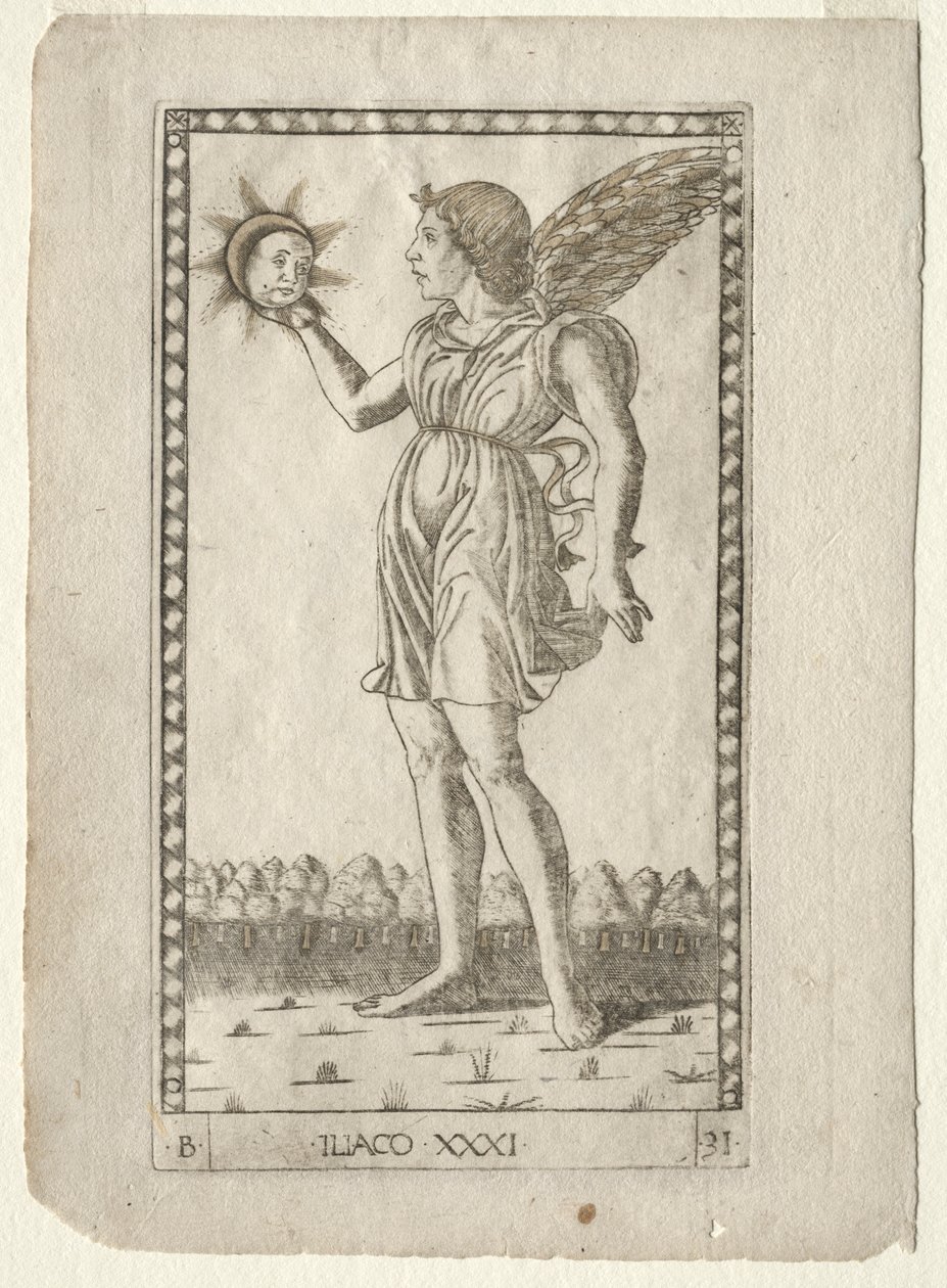 Genio del Sol de los Tarocchi, serie B: Principios Cósmicos y Virtudes, #31, antes de 1467 de Master of the E Series Tarocchi