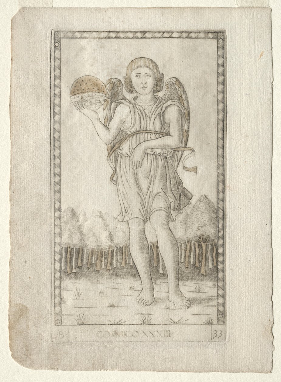 Genio del Mundo de los Tarocchi, serie B: Principios Cósmicos y Virtudes, #33, antes de 1467 de Master of the E Series Tarocchi