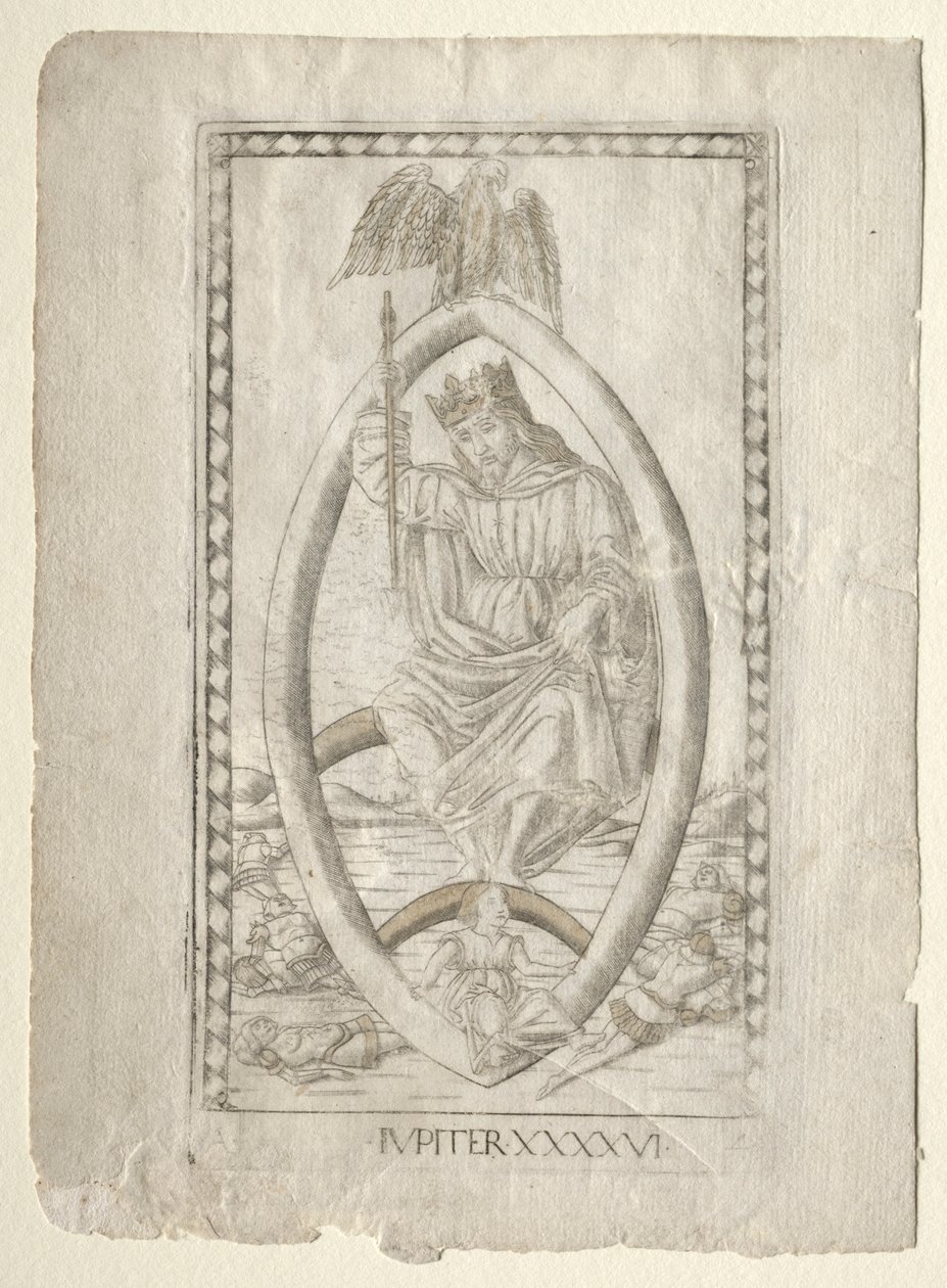 Júpiter de los Tarocchi, serie A: Firmamentos del Universo, #46, antes de 1467 de Master of the E Series Tarocchi