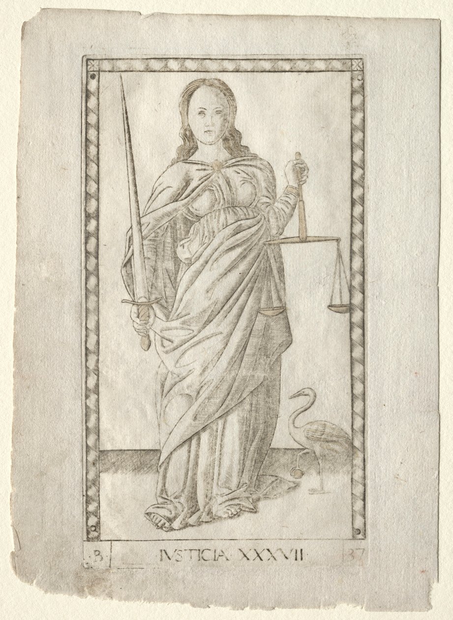 Justicia del Tarocchi, serie B: Principios Cósmicos y Virtudes, #37, antes de 1467 de Master of the E Series Tarocchi