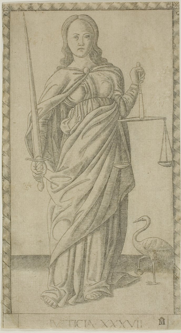 Justicia, lámina 37 de Genios y Virtudes de Master of the E Series Tarocchi