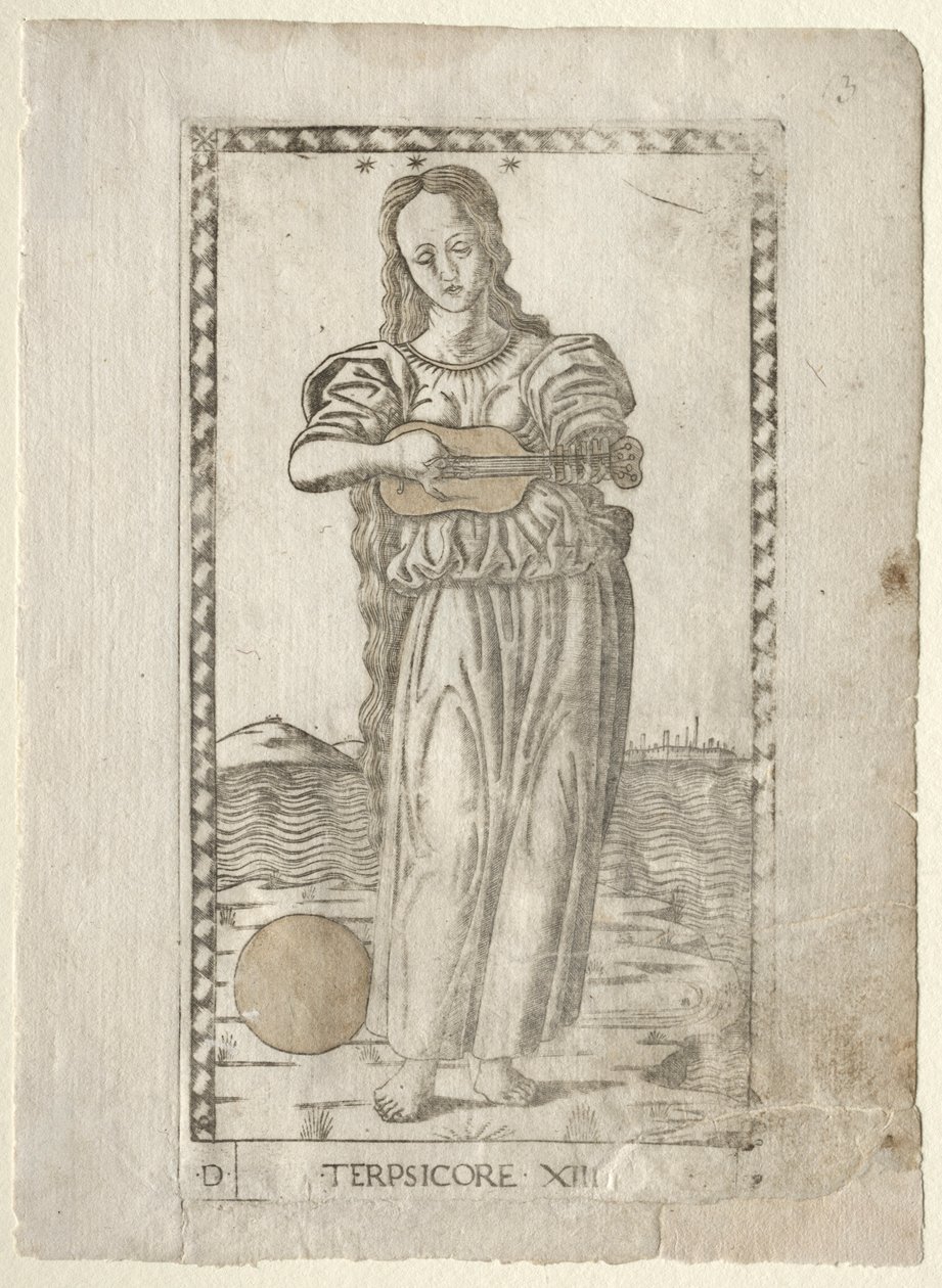 Terpsícore bailando y cantando de la serie Tarocchi, antes de 1467 de Master of the E Series Tarocchi